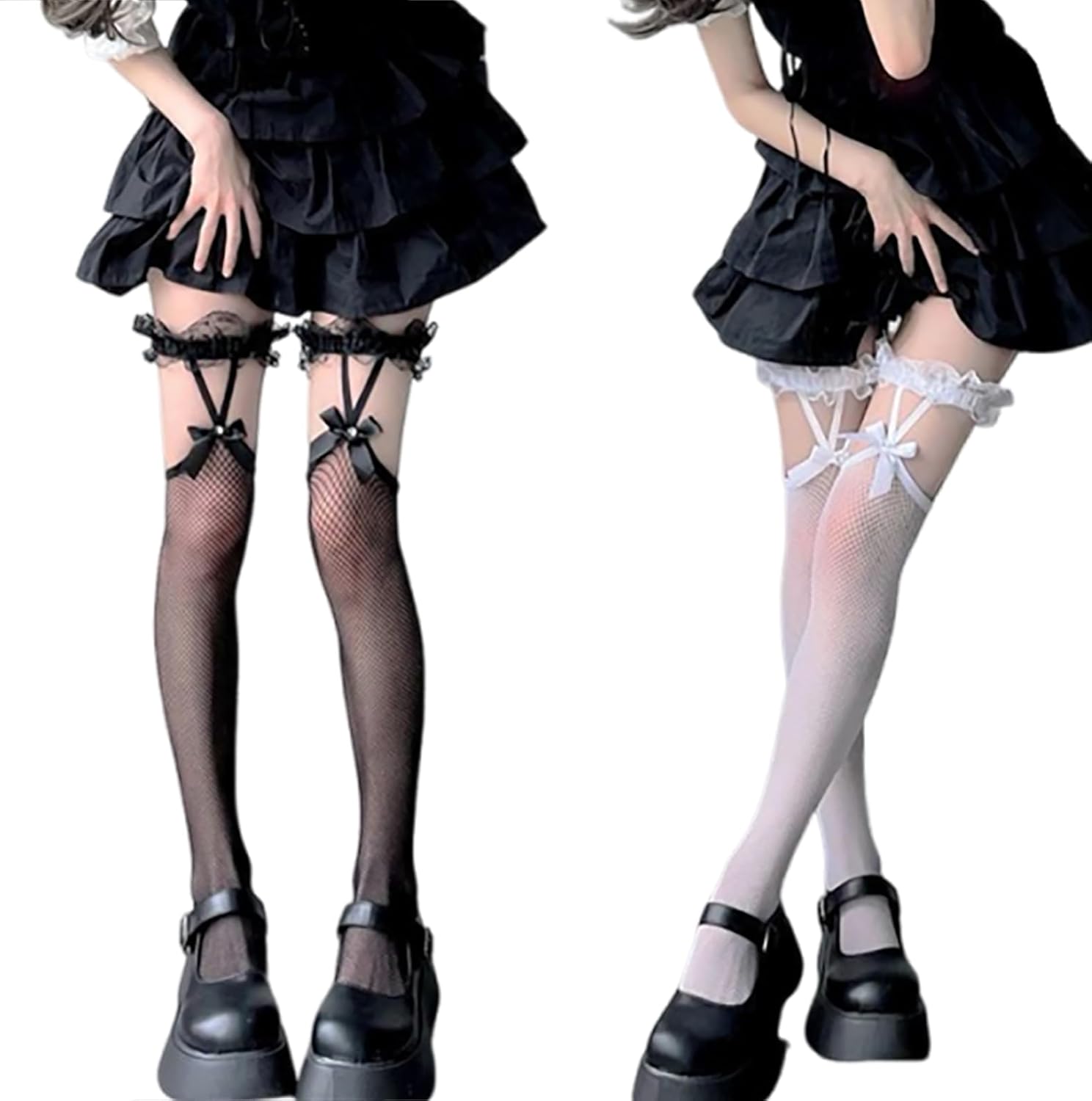 [LIKENNY] ニーハイソックス 靴下 2点セット（黒+白）セクシー ハイソックス 美脚 cosplayや制服…